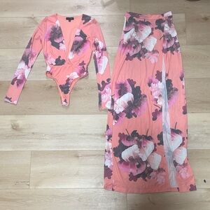 JLUXLABEL Coral Pink Floral Plunge Bodysuit & Maxi Skirt Set